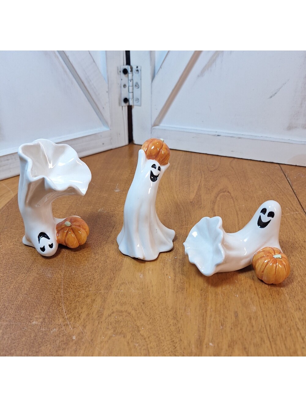 Fitz and Floyd Tumbling Halloween Ghost Pumpkin Figures Vintage Set of 3 Ghosts